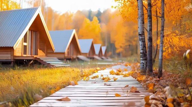 A path with a row of wooden cabins and trees in the background. The cabins are small and rustic, and the path is lined with fallen leaves. Concept of tranquility and peacefulness