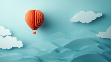 Fototapeta premium Colorful Paper Hot Air Balloon Against Calm Blue Waves and White Clouds in a Creative Paper Craft Style
