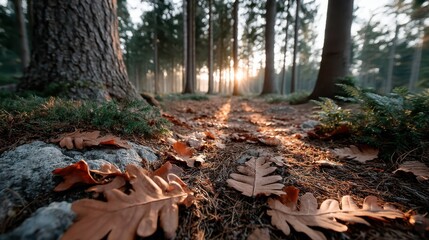 A captivating image capturing a misty forest at sunset, with rays of light streaming through trees, creating a magical atmosphere steeped in beauty and warmth.