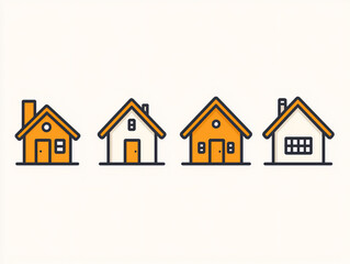  simple house icons, p: four simple house icons outlined in orange lines,