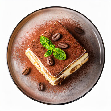 Italian Tiramisu auf einem runden Teller mit Kaffeebohnen, draufsicht, isloliert, 