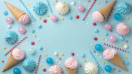 Fototapeta premium Pastel sweets and ice cream cones on blue background flat lay photo