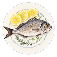 Bream fish with lemon slices on white plate isolated on white background