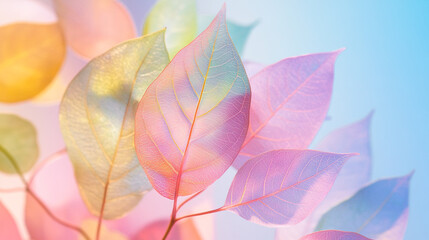 
A collection of translucent leaves in vibrant colors like pink, orange, yellow, and blue, arranged artistically with visible veins, showcasing an abstract and delicate design.
