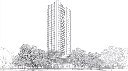 Architectural drawing of a tall building, with trees, in a city park. Possible use stock photo for architecture, urban design, city planning