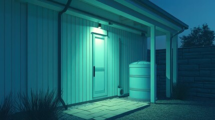 Obraz premium A rainwater harvesting system is positioned beside a residential entrance, illuminated by a soft light as evening settles. The structure highlights sustainability practices in a serene setting