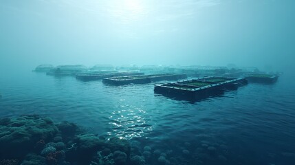Fototapeta premium Underwater diffused farming installations thrive in a peaceful ocean setting, emphasizing sustainable practices for growing sea crops