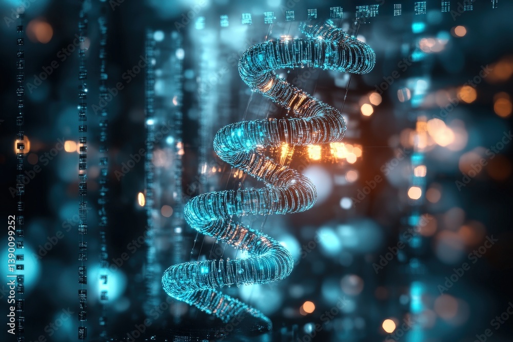 Poster glowing blue dna helix surrounded by data streams and bokeh effect