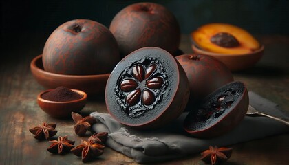 Black Sapote Mexico A cut open black sapote revealing the dark c