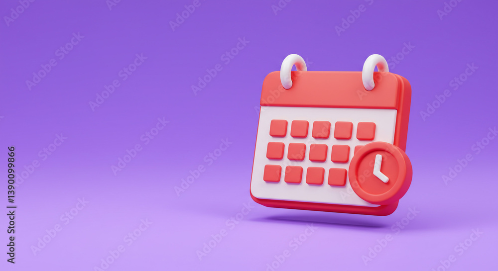Poster a cheerful red calendar icon playfully paired with a clock, symbolizing timely scheduling and organi