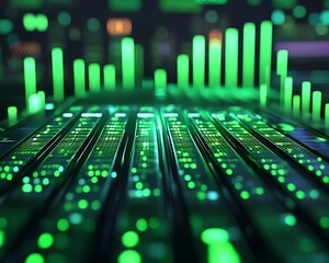 An abstract computer data visualization in shades of green lights