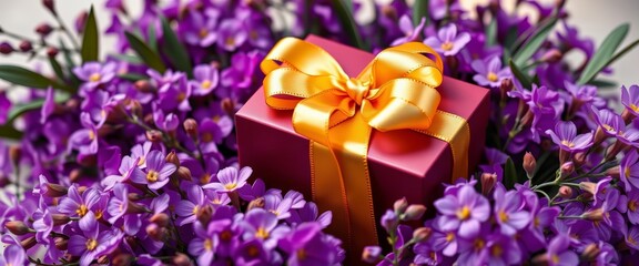Golden ribbon adorns a gift box nestled in purple flowers, purple, gift