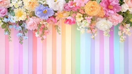A colorful flower arrangement with a rainbow background