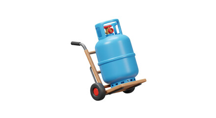 A bright blue propane tank on a sturdy wooden cart, ready for delivery, showcasing its portability and efficiency in a clean, 3D-rendered style.