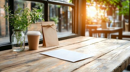 Blank menu on rustic cafe table by window
