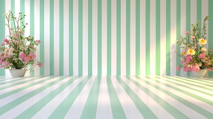 Obraz premium A white and green striped wall with two vases of flowers on it