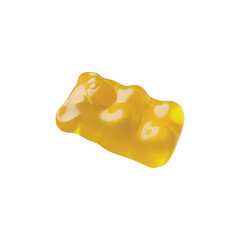 Yellow chewy gummy bear 3D cartoon vector icon, sweet dessert, fruit flavor of delicious snack, bright animal candy