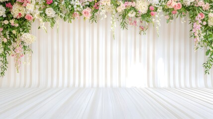 Fototapeta premium A white background with pink flowers and green leaves