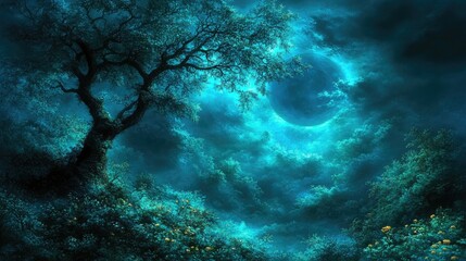 Obraz premium Tree silhouetted under bright moon in ethereal night landscape with cloudy sky and forest