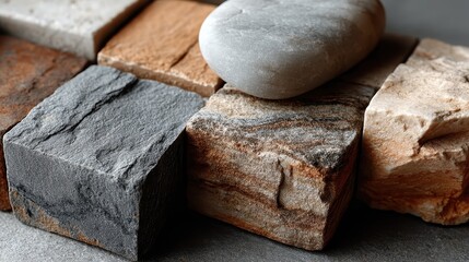 A detailed view of polished stone pieces arranged together artistically, highlighting their unique textures and colors that lend a sense of elegance and natural beauty to any space.