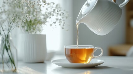 Obraz premium Pouring Fresh Tea from Teapot into a White Cup with Delicate Flowers in the Background and Soft Light