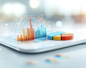 Digital analytics chart on tablet device with pie and bar graphs