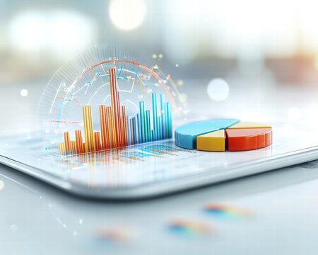Digital analytics chart on tablet device with pie and bar graphs
