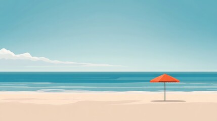 Serene beach scene with single orange umbrella.