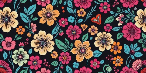 Hand-drawn batik floral pattern in boho style, vector block print Seamless repeat design with ample empty space, empty space, boho pattern