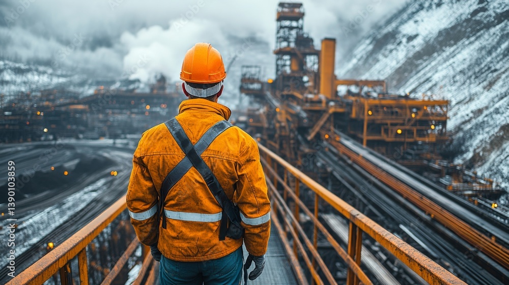 Poster worker in safety gear observes vast mining and excavation activity at a power plant, surrounded by h