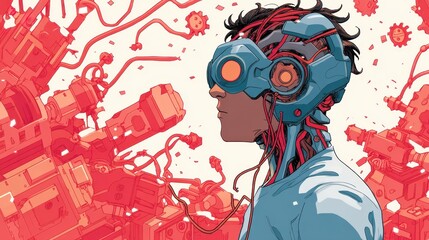 Obraz premium A detailed illustration depicts a person wearing a high-tech helmet surrounded by chaotic wires and machinery