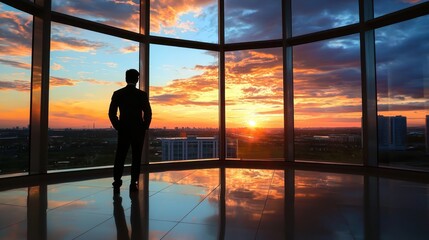 silhouette of man by panoramic windows, watching sunset, time lapse