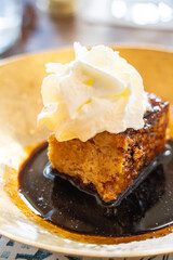 Traditional egg pudding soaked in Palo Mallorcan liqueur, l'Escrivania Espai Gastronòmic , Porreres, Mallorca, Balearic Islands, Spain