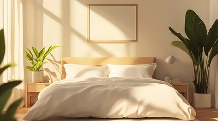 Sunlit minimalist bedroom with white bedding, wooden furniture, and plants.