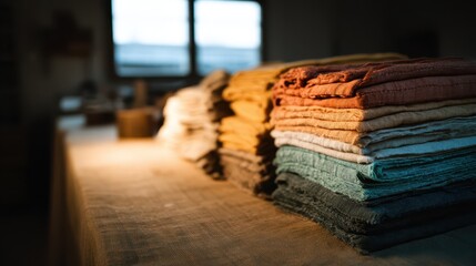 A textile upcycling artisan is arranging a colorful assortment of fabric pieces in a softly diffused studio. The warm light highlights the textures of the materials used for creative projects