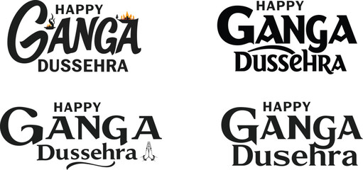 Ganga Dussehra Typography Logo Set – Happy Ganga Festival Calligraphy with Hindu Elements.


