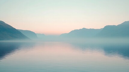 Fototapeta premium Misty sunrise over calm lake, mountains in background.