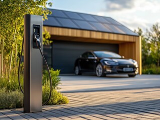 Close-up of pedestal AC charging station, in background EV parked by garage with rooftop solar panels, Germany
