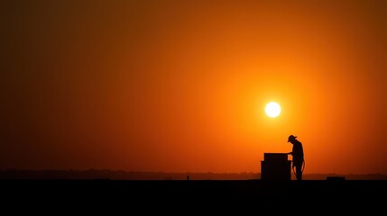 Obraz premium In the urban landscape, a beekeeper carefully works with beehives as the sun sets, casting a golden glow and creating a serene atmosphere during the evening hour