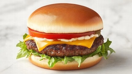 Fresh and Juicy Cheeseburger with Lettuce and Tomato on Bun