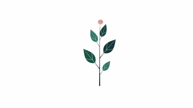 Minimalist flower with stylized green leaves and small red bloom on white.