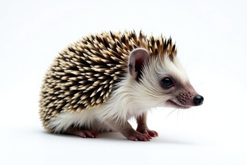 Obraz premium Close-up of a single hedgehog, facing right, against a bright white backdrop, studio, photography