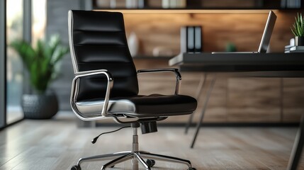Fototapeta premium Modern Black Leather Office Chair in Stylish Home Office Setting A Comfortable and Ergonomic Workspace