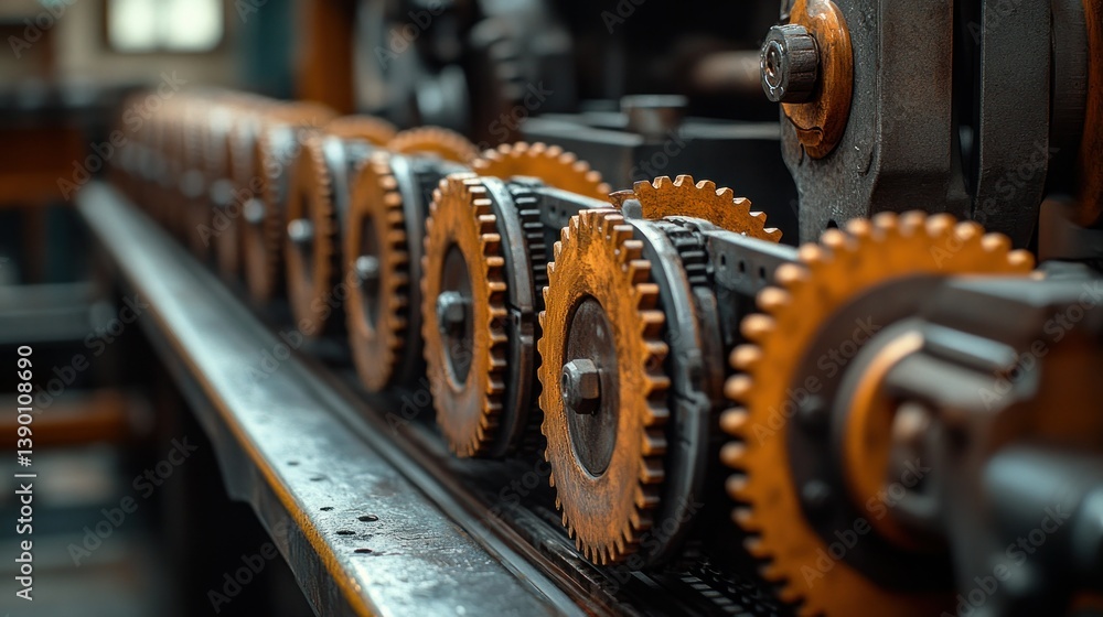 Poster industrial gears in motion. close-up view of a row of interconnected gears. complex machinery in a f