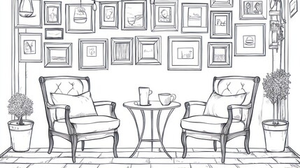 Fototapeta premium Outdoor Cafe Drawing, Cozy Seating, Framed Artwork