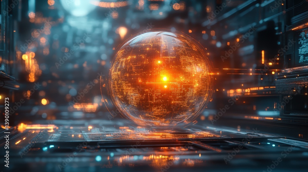 Poster futuristic glowing sphere digital data network technology concept a vibrant orange orb floats above 