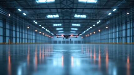 Fototapeta premium Drone flying in a large industrial warehouse interior space modern technology