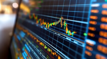 Close up view of a stock market chart displayed on a computer screen showing dynamic financial data and trends