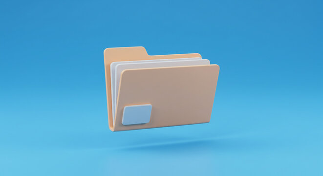A cheerful peach-colored folder playfully floats against a serene blue backdrop, symbolizing the effortless organization of digital files, showcasing a minimalist design with soft shadows.