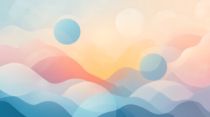 Pastel landscape with soft hills and floating orbs.